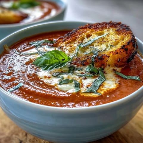 Velvety vegan tomato basil soup served with crispy, garlicky sourdough strips for dipping, perfect for a cozy meal.  