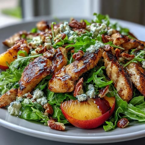 A colorful bowl of grilled chicken and peach arugula salad, topped with feta cheese and a tangy balsamic drizzle.  