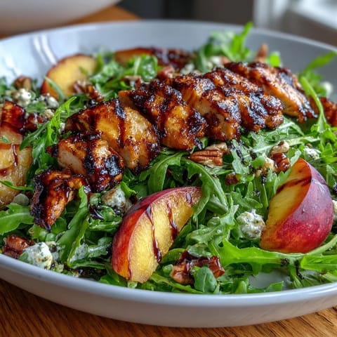 Fresh arugula tossed with juicy grilled peaches, tender chicken, and crunchy pecans, finished with a rich balsamic glaze.  