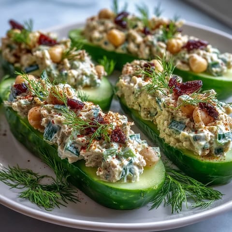 Vibrant cucumber halves filled with zesty, protein-rich chickpea salad, garnished with fresh dill for a refreshing appetizer.  