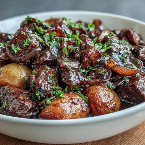 A comforting bowl of Japanese Nikujaga with tender beef, potatoes, and carrots in a glossy soy-based broth, perfect for a cozy dinner.