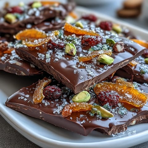 Decadent dark chocolate bark studded with vibrant candied orange peel and crunchy pistachios for a festive treat.