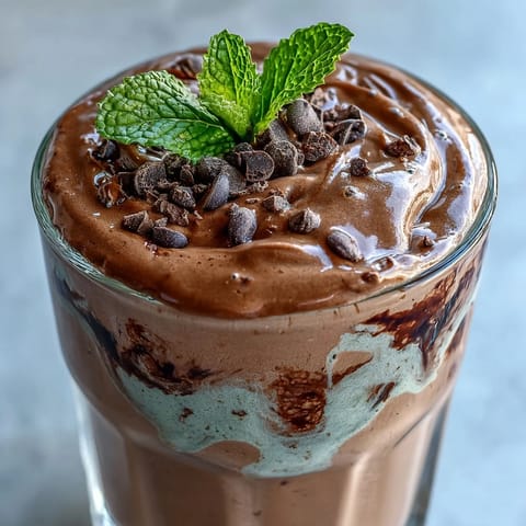 Rich chocolate and cool mint protein shake topped with dark chocolate chips and fresh mint leaves.  