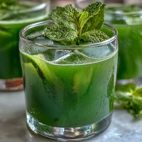A vibrant glass of cucumber, apple, and ginger detox juice with fresh mint garnish.  