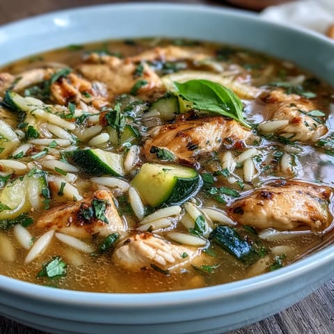 A comforting One-Pot Lemon Chicken and Zucchini Orzo Soup featuring juicy chicken, delicate orzo, and vibrant zucchini in a citrusy, herb-scented broth.
