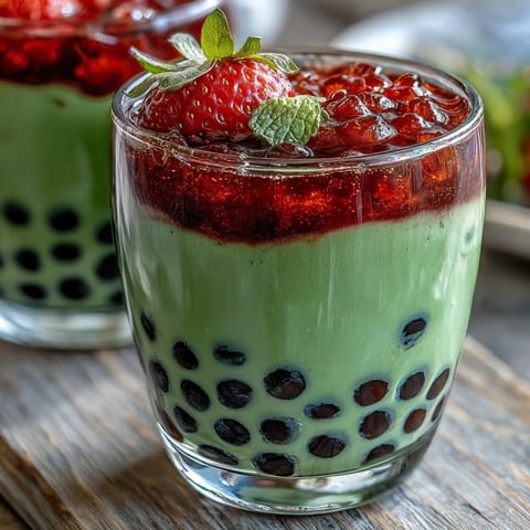 Refreshing homemade strawberry matcha boba featuring sweet strawberries, smooth milk, and frothy matcha, served over ice with black tapioca pearls.  