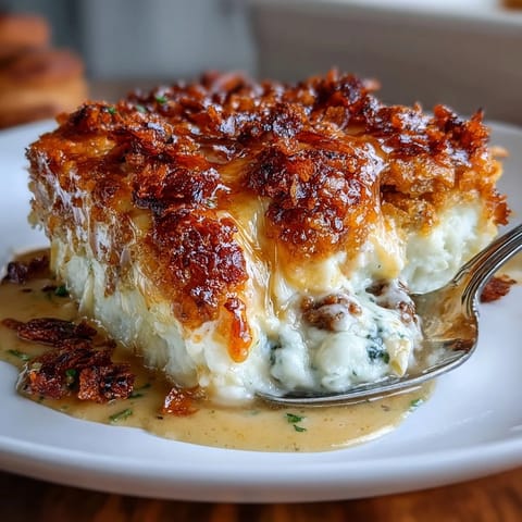 Funeral Potatoes Shepherds Pie Mash-Up with creamy mashed potatoes, savory meat filling, and crunchy cornflake topping in a golden baked casserole.
