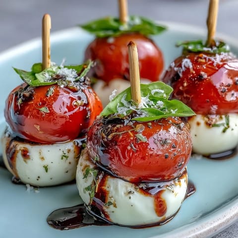 Bridal Shower Caprese Skewers with cherry tomatoes, fresh basil, and mozzarella, drizzled with balsamic glaze.