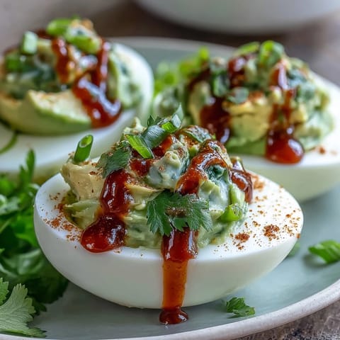 Creamy avocado deviled eggs with spicy Sriracha drizzle make a colorful, crowd-pleasing appetizer.