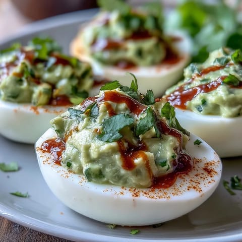Bright green avocado filling in deviled eggs topped with fiery Sriracha sauce and fresh cilantro.