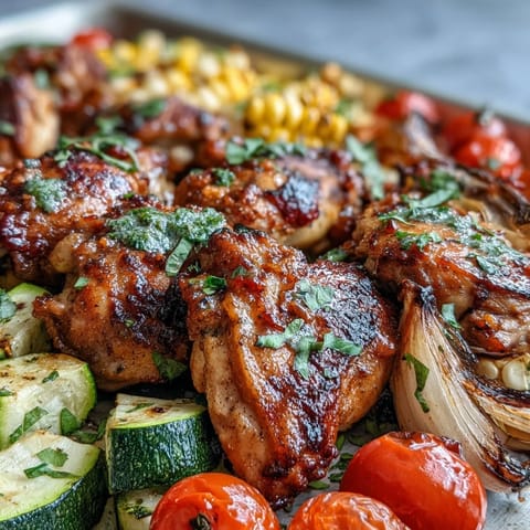 Juicy sheet pan chicken with zucchini and sweet corn roasted together for a vibrant, healthy summer dinner.  