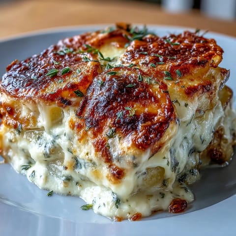 Creamy scalloped potatoes with Gruyere cheese, baked until golden and bubbling, served as a rich, comforting side dish for festive meals.