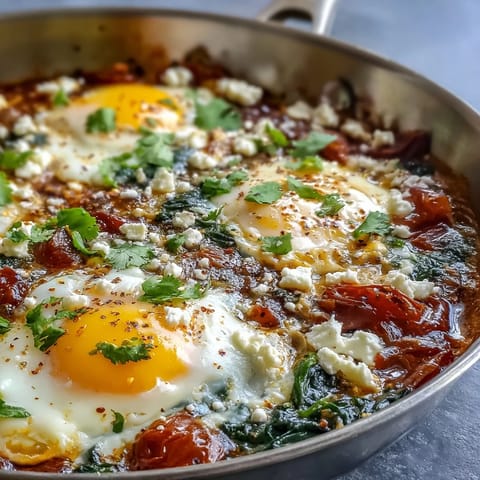 Vibrant spinach and feta shakshuka with perfectly poached eggs in a savory tomato sauce.