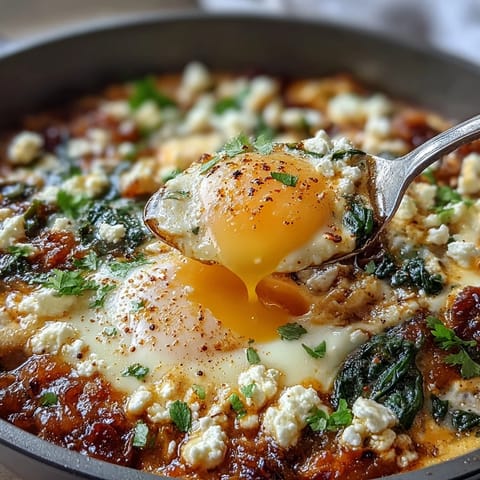 Hearty spinach and feta shakshuka, topped with creamy feta, ready to be dipped.