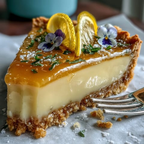 Bright lemon curd tart with edible flowers, golden crust, and fresh mint garnish for spring celebrations.  