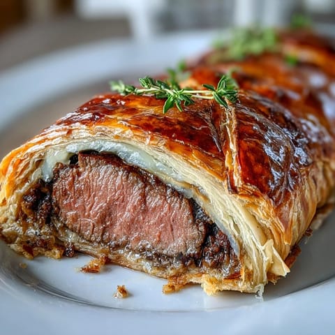 Golden puff pastry wraps around seared beef filet medallions with rich mushroom duxelles and prosciutto, baked to crisp perfection.