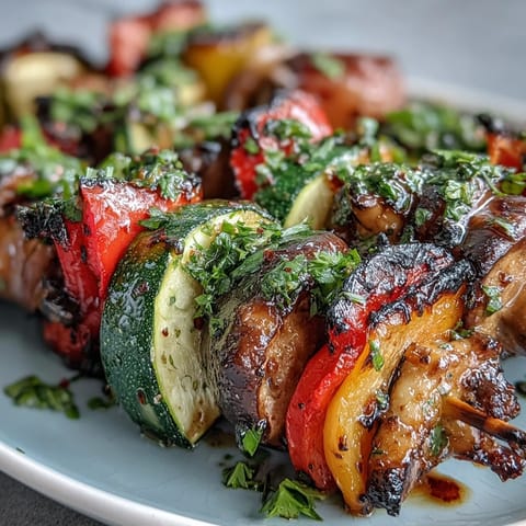 Smoky grilled veggie kabobs piled high with fresh herbs and drizzled.