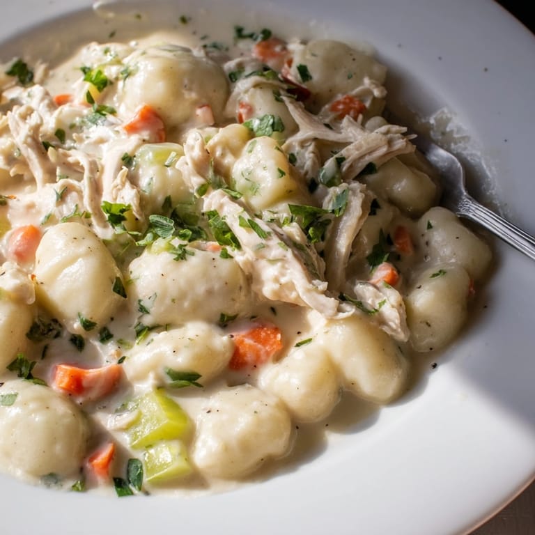 Homemade chicken &amp; gnocchi dumplings: golden-brown, fluffy gnocchi in a rich, savory sauce.