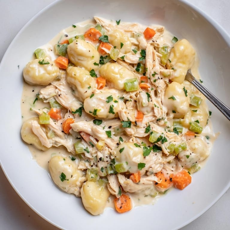 Close-up of comforting chicken &amp; gnocchi dumplings recipe; steam rising from a hearty bowl.