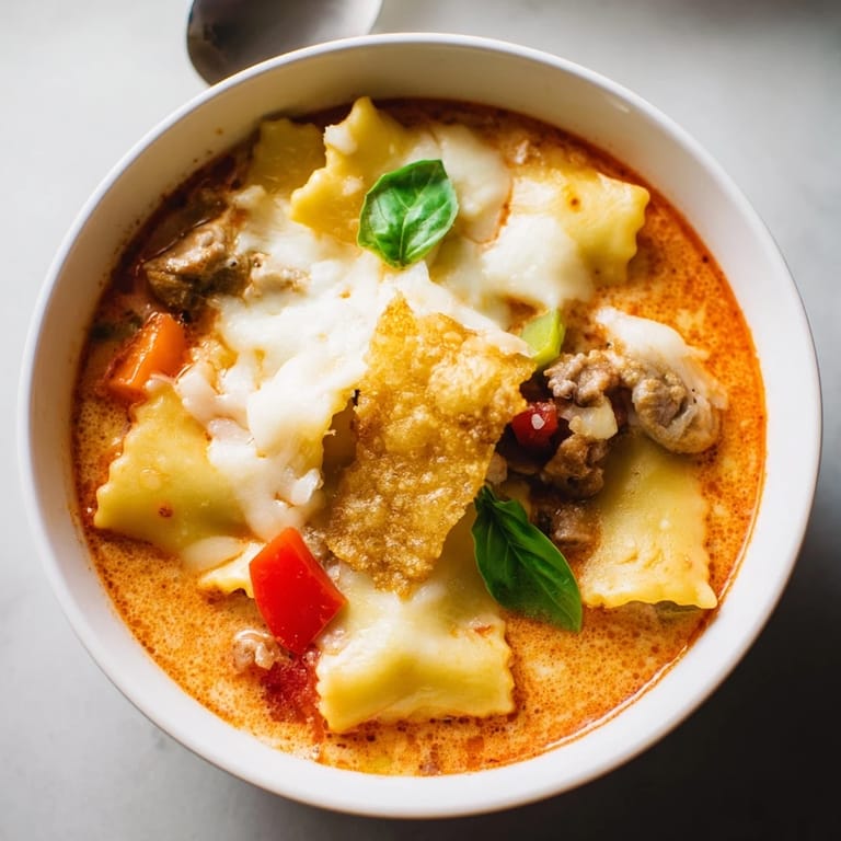 Comforting lasagne soup with rich tomato broth and crunchy mushroom garnish.  