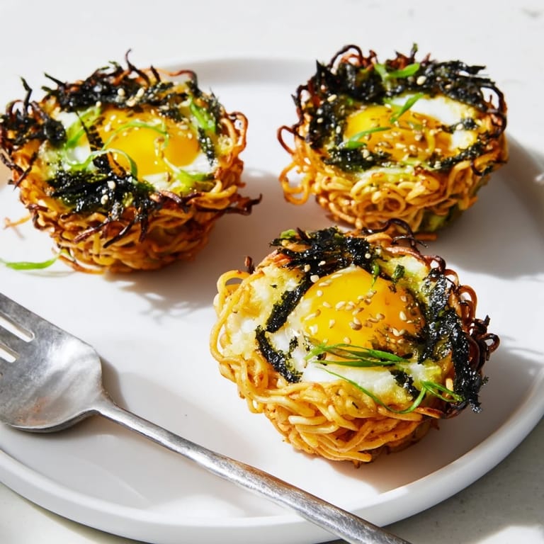 Delicious fusion snack featuring ramen and marinated eggs, great for a unique appetizer.
