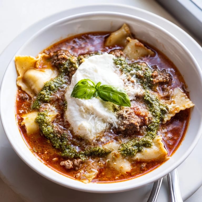 A cozy bowl of Lasagne Soup with Pesto Drizzle, bursting with rich flavors and spices.  