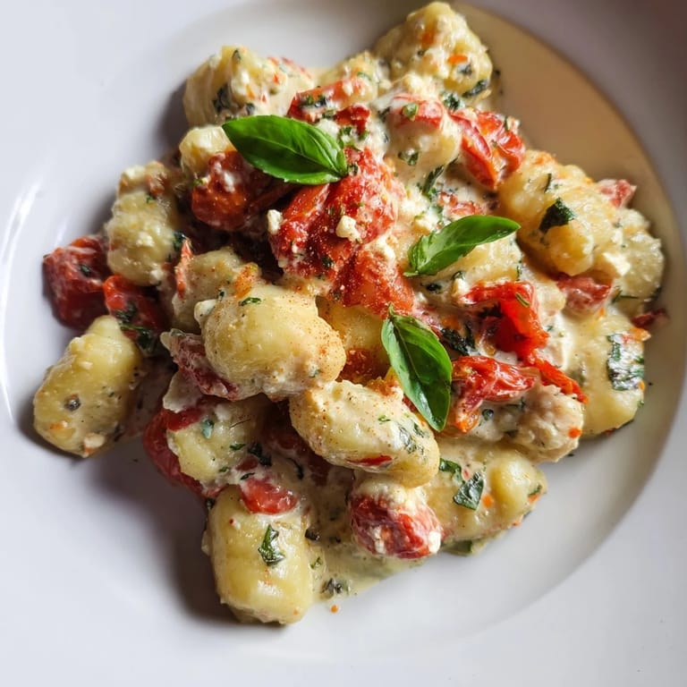 Creamy Baked Feta Gnocchi topped with blistered cherry tomatoes and fresh herbs.  