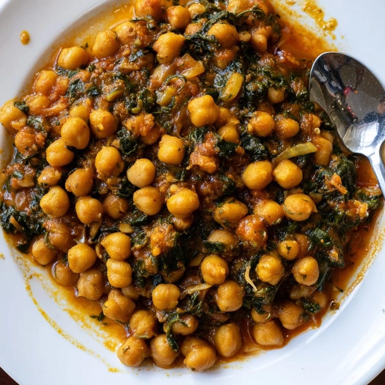 Aromatic chickpea and spinach curry simmered in creamy coconut goodness, perfect for dinner.  