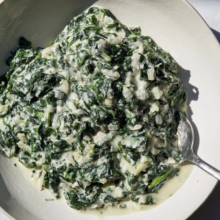 A warm skillet of creamed spinach, rich in garlic flavor and topped with Parmesan cheese.
