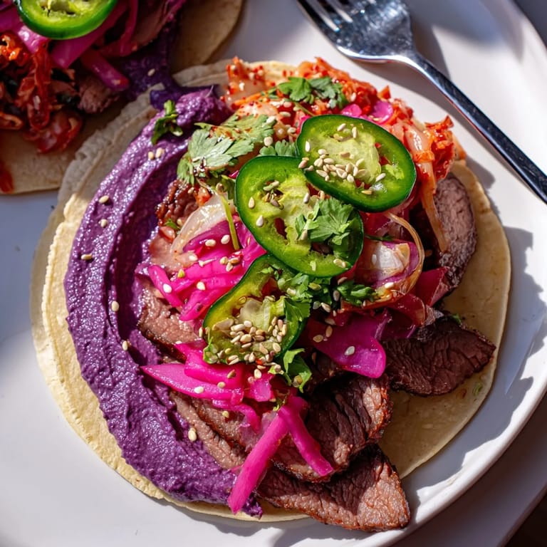Colorful bowls of Global Street-Food Fusion Tacos showcasing marinated chicken and zesty vegetables.  