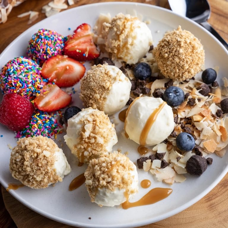 Creamy cheesecake bites on a board, inviting fresh strawberries and chocolate drizzles.  