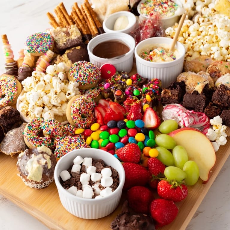 Indulgent dessert board featuring sweet treats and fresh fruit for sharing joyfully.  