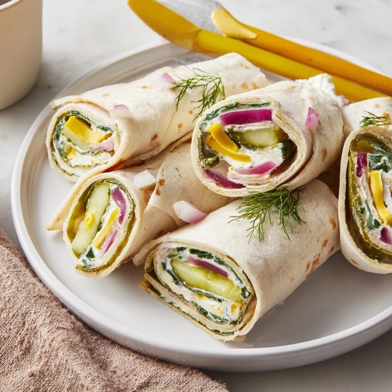 Tangy Pickle-in-a-Blanket snacks served with mustard, ideal for casual gatherings or picnics.  