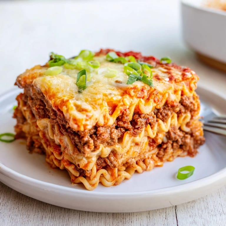 Heartwarming Spicy Ramen Lasagna, garnished with green onions, showcases cheesy noodle goodness.  