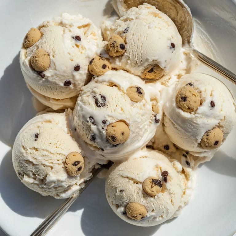 Guilt-free cottage cheese ice cream served with sweet, edible cookie dough pieces.
