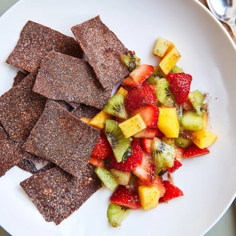 Crispy dessert chips and vibrant fruit salsa create a sweet party treat experience.