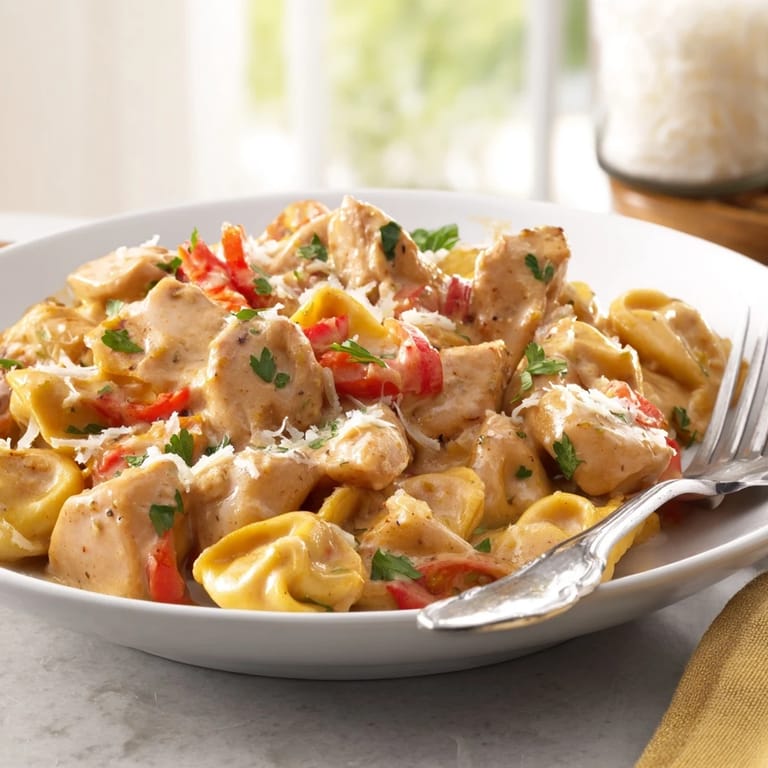 Delicious Zesty Cajun Garlic Parmesan Chicken Tortellini served with crusty bread for dipping.  