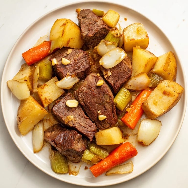 Tender Sunday pot roast simmered with rich broth and garlic-infused roasted veggies.