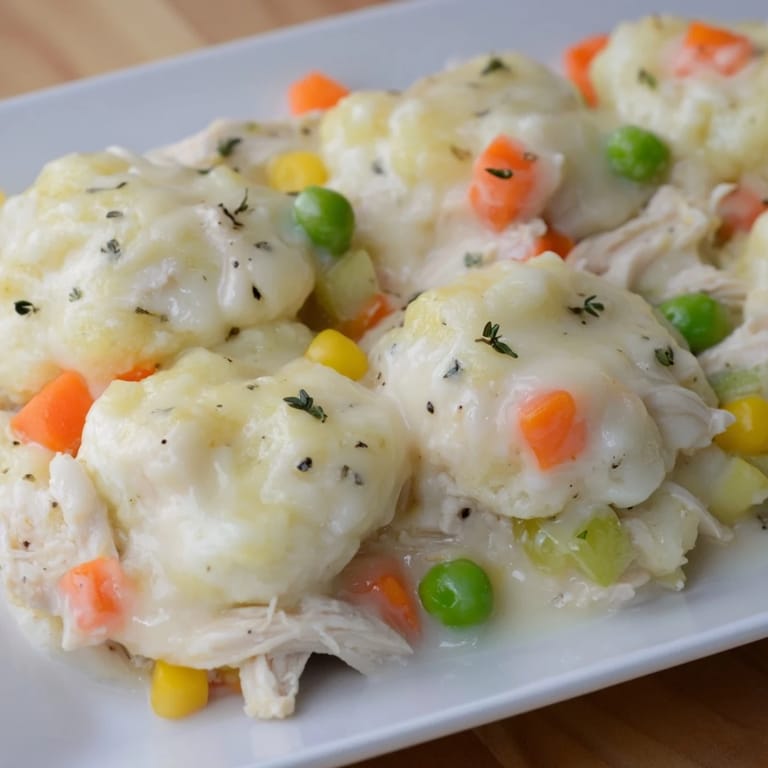 Hearty Chicken and Dumplings Casserole simmering with vegetables, topped with golden, soft dumplings, perfect for dinner.