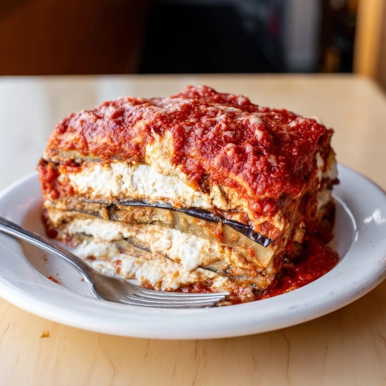 A hearty serving of freshly baked Eggplant Parmesan Lasagna, topped with melted mozzarella and fresh basil.