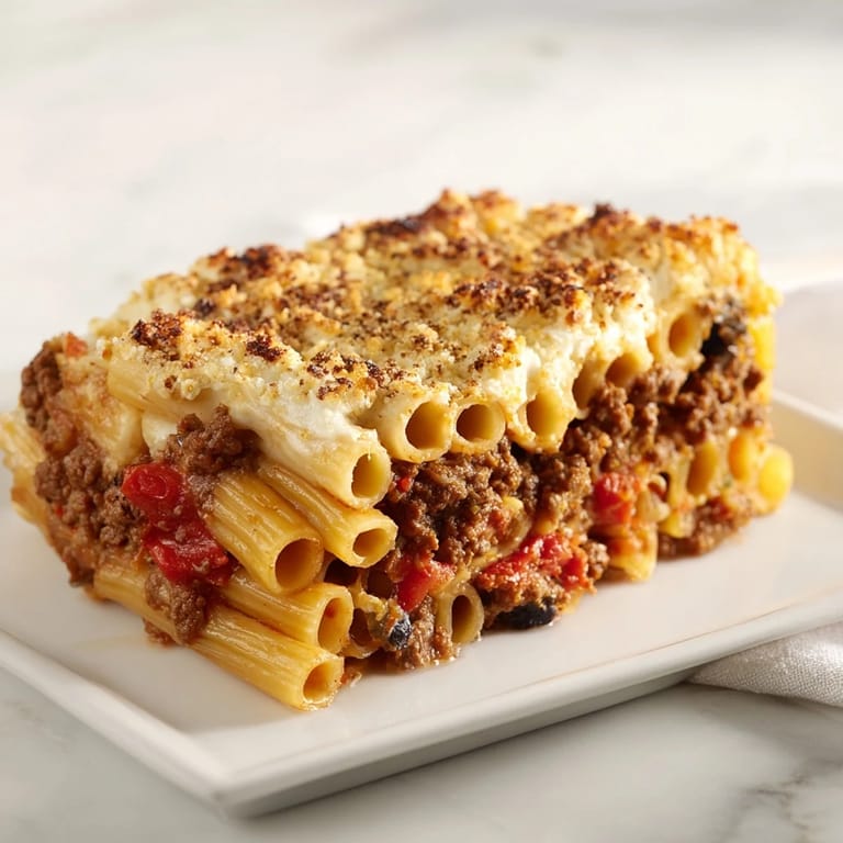 Enjoy a slice of homemade Greek Pastitsio, a delicious casserole with layers of flavor and texture.