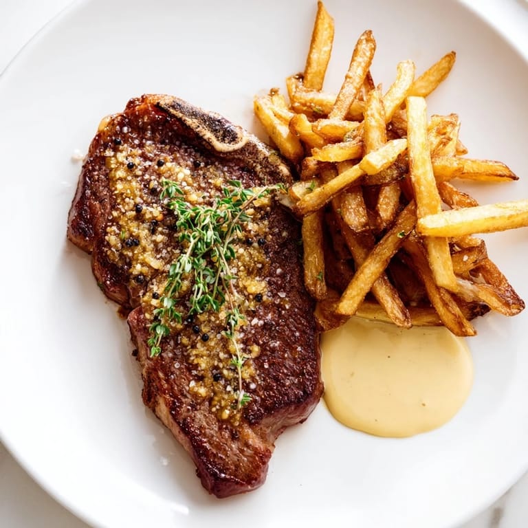 Imagine the aroma: a delightful classic peppercorn ribeye served with salty, crispy, golden fries.