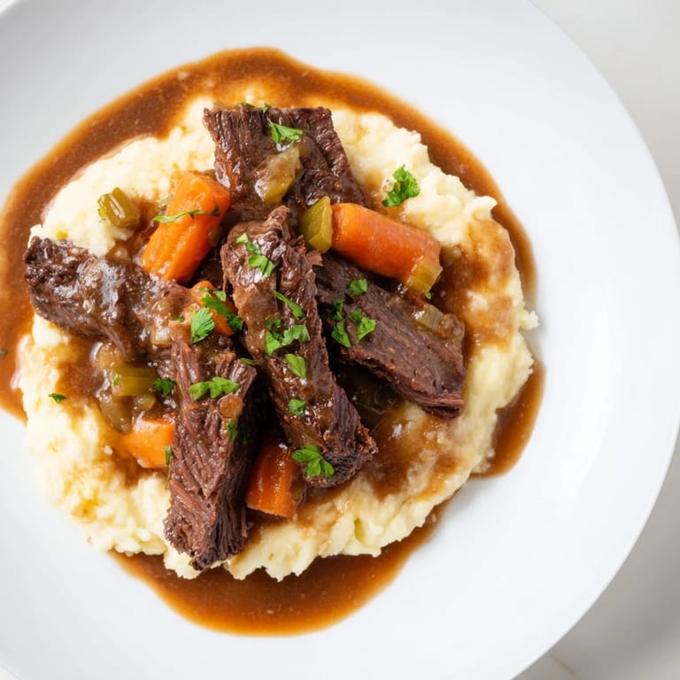 Hearty American dinner: comforting Slow Cooker Pot Roast served generously with smooth mashed potatoes.