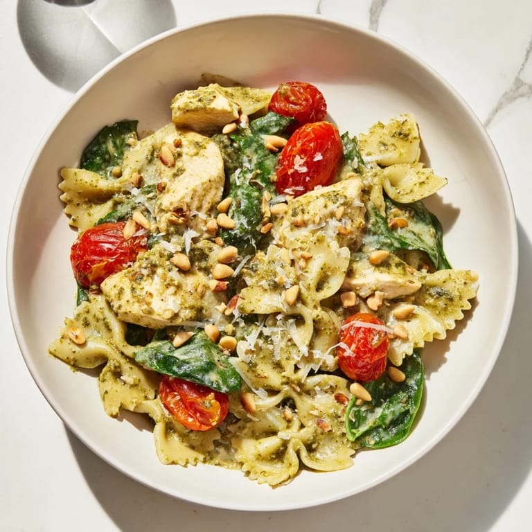 A beautiful bowl of pesto chicken bowtie pasta, garnished with toasted pine nuts and fresh basil.