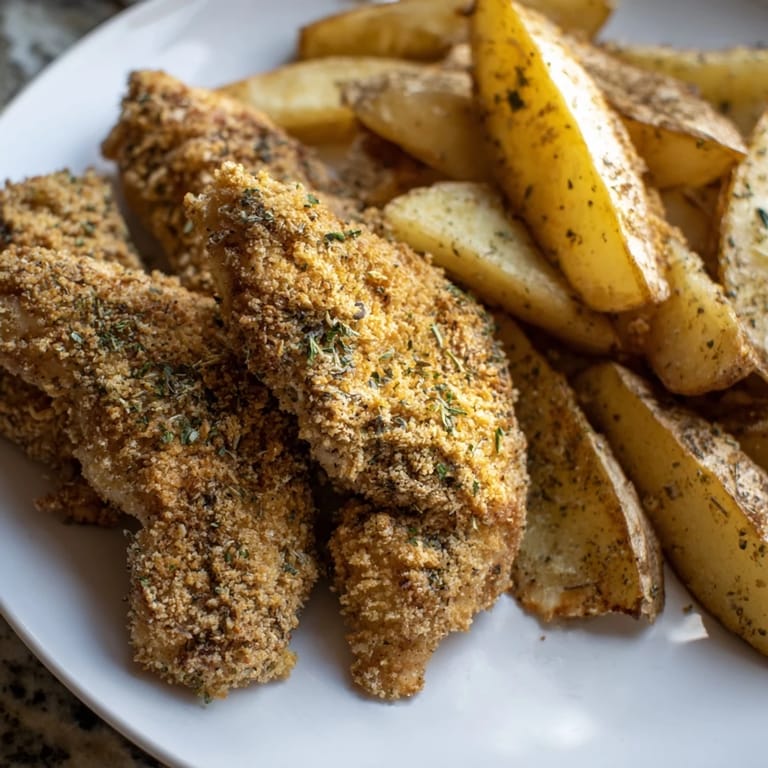 Close-up of beautifully plated herbed chicken tenders and potato wedges, ready to eat and enjoy.