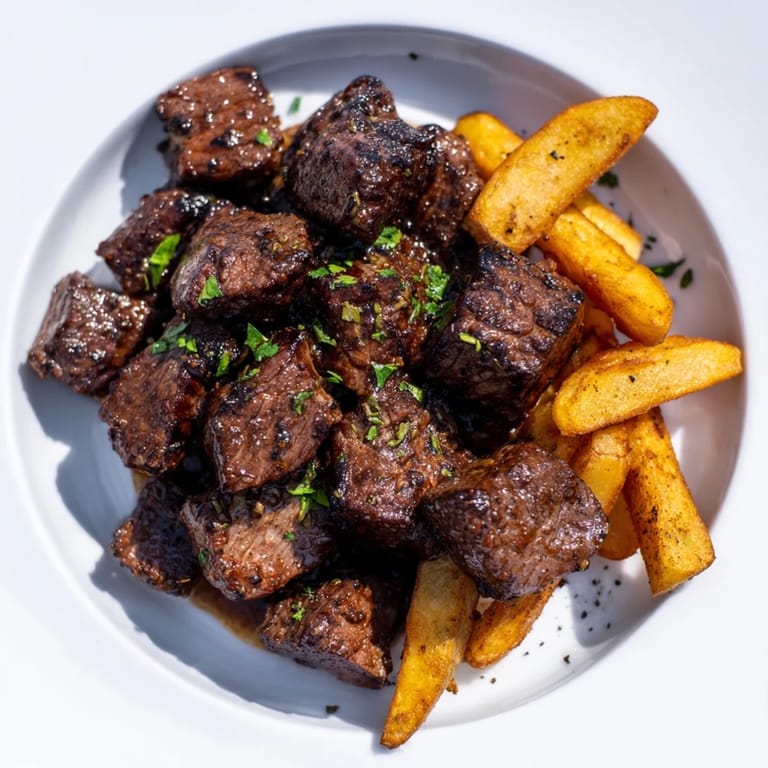 Picture sizzling Blackened Cajun Steak Bites, richly seasoned, ready to enjoy with a side of hot, flavorful fries.