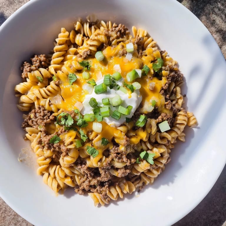 Garnished with fresh cilantro, this creamy Cheesy Taco Pasta Skillet promises a family-friendly meal.
