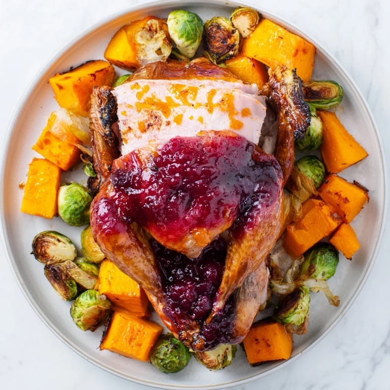 Golden-brown Sheet-Pan Roasted Turkey Breast sits atop a bed of caramelized veggies, drizzled with glaze.