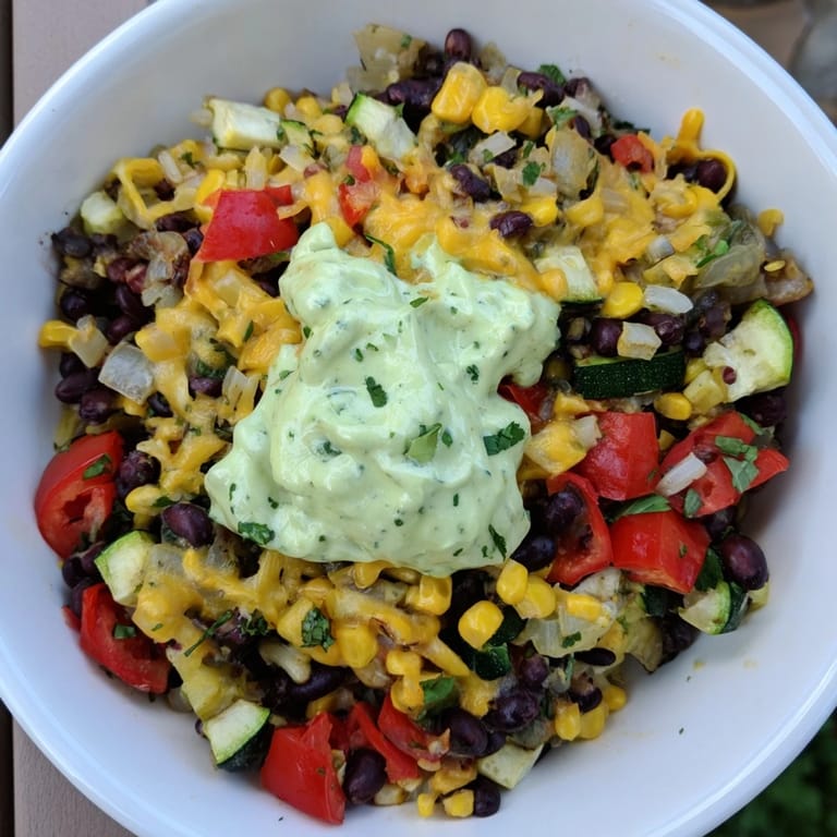 A close-up view of a steaming Veggie-Packed Taco Skillet with colorful, fresh ingredients.