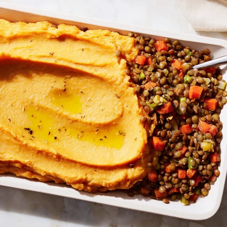 A delicious serving of Veggie Shepherd's Pie, showcasing its creamy sweet potato topping over lentils.